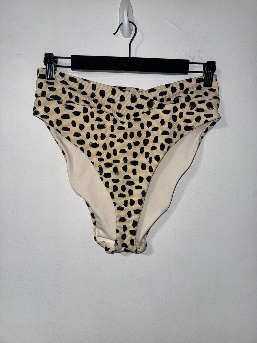 Aerie Pique Crossover High Cut Cheeky Bikini Bottom Beige Black Spotted Size XL